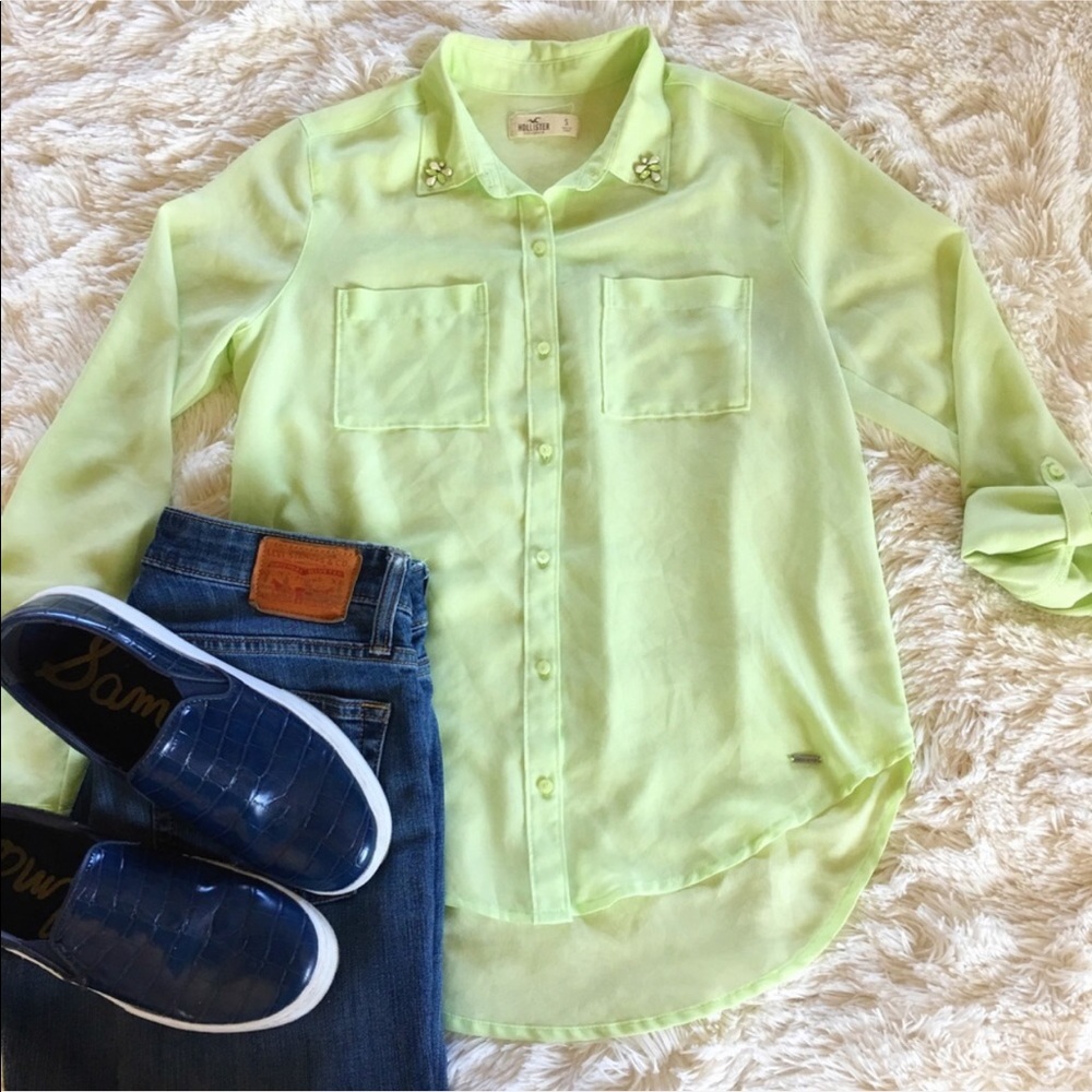 Hollister • beaded lime green sheer collared shirt